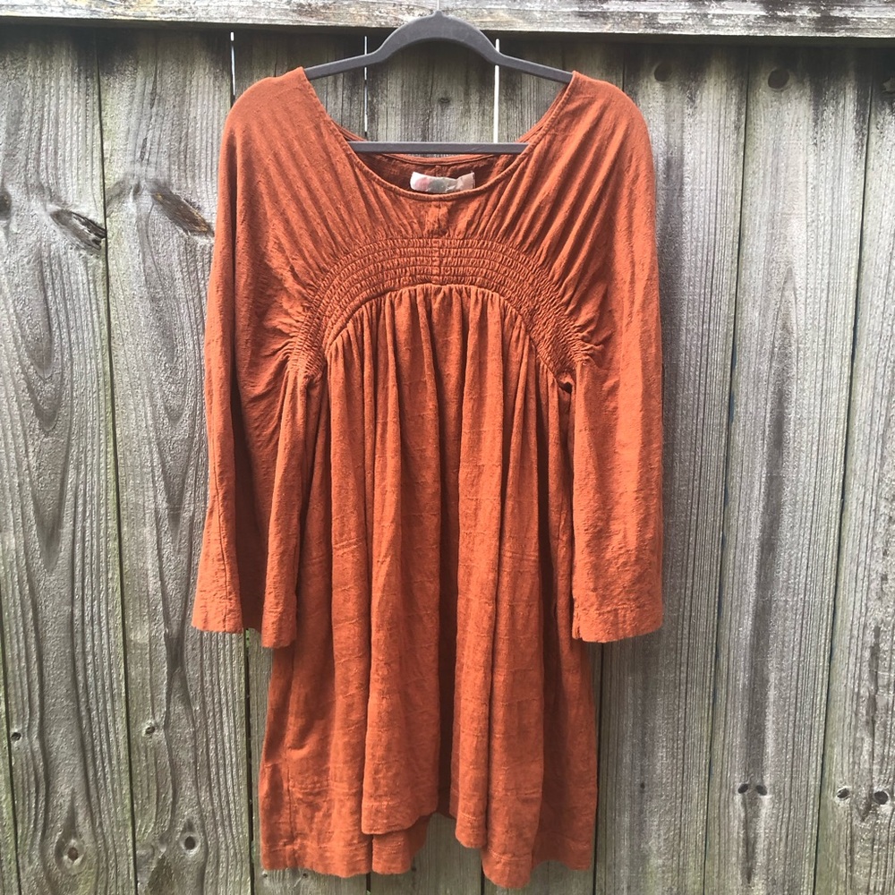 FP Beach Celia Mini Dress Size L Brown Rust Long Dolman Sleeves Gauzy Pockets - Picture 2 of 16